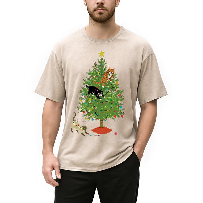 Personality fashion Cats Playing On The Christmas Tree Washed T-Shirt