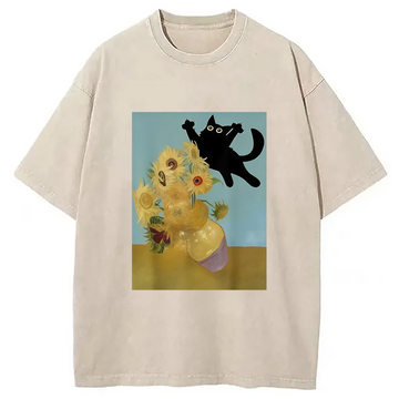 Personality fashion Playing Cat Sunflower Washed T-Shirt