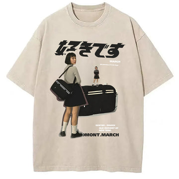 Personality fashion Japanese Girl Graphic Washed T-Shirt
