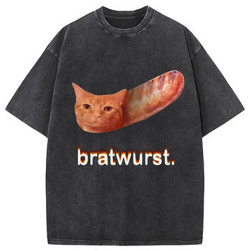 Personality fashion Bratwurst Cat Meme Washed T-Shirt