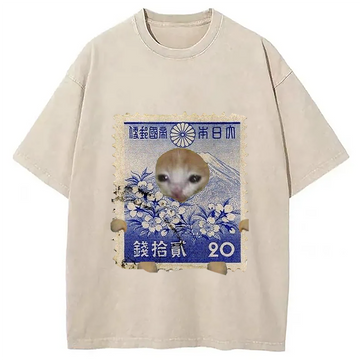Personality fashion Ukiyo-e Cat Meme Washed T-Shirt