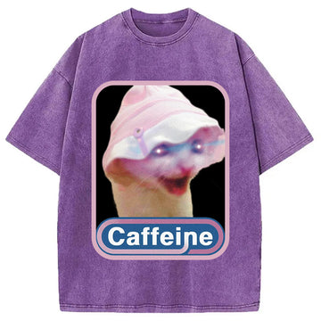 Personality fashion Caffeine Hat Cat Funny Meme Washed T-Shirt