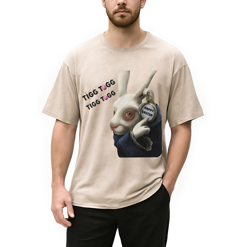 Personality fashion Tick Tock Funny Easter Bunny Washed T-Shirt