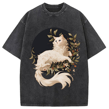 Personality fashion White Cat Minuet Leaf Washed T-Shirt