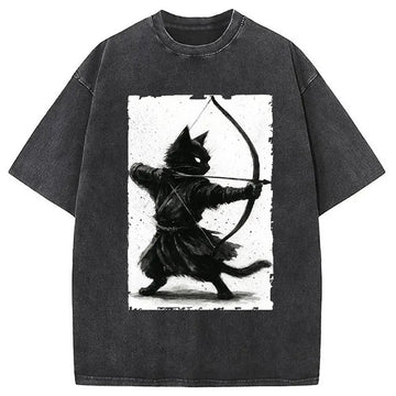 Personality fashion Retro Cat Archery Washed T-Shirt