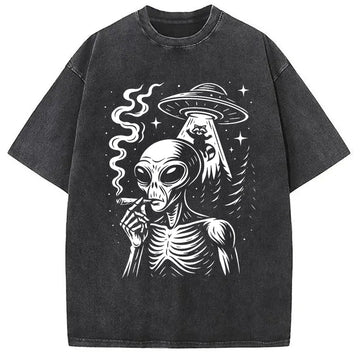 Personality fashion Stoner Alien UFO Raccoon Washed T-Shirt