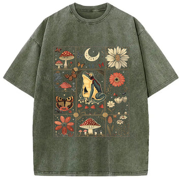 Personality fashion Celestial Frog Goblincore Mushroom Washed T-Shirt