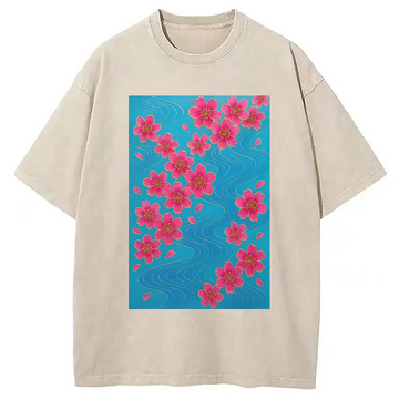 Personality fashion Floating Sakura Blossoms Washed T-Shirt