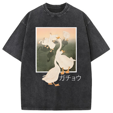 Personality fashion Goose Vintage Japanese Kanji Washed T-Shirt
