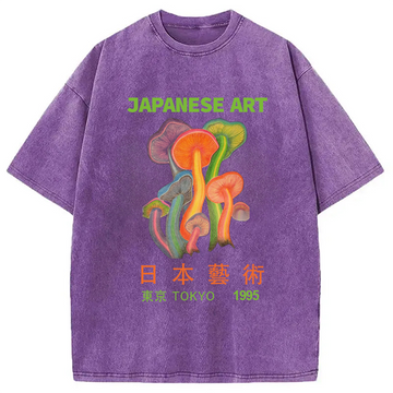Personality fashion Colorful Mushrooms Japanese Art Washed T-Shirt