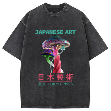 Personality fashion Psychedelic Mushrooms Japanese Art Washed T-Shirt