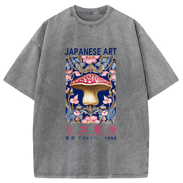 Personality fashion Blue Mushroom Vintage Washed T-Shirt