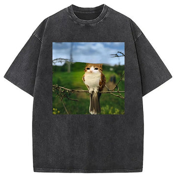 Personality fashion Funny Cat Owl Meme Washed T-Shirt