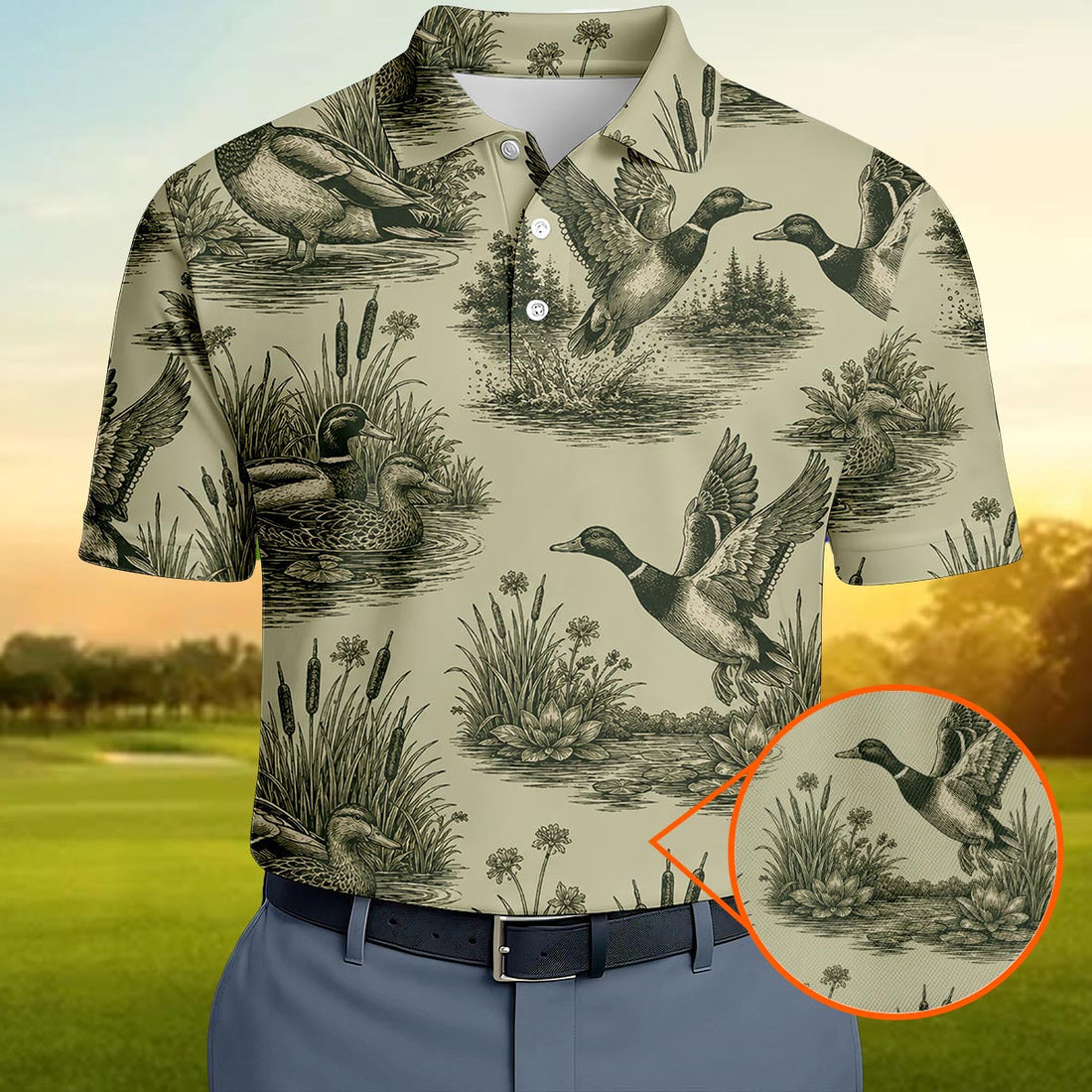 Mallard Duck Hunting Polo Shirt Vintage Sketch Pattern Gift For Men