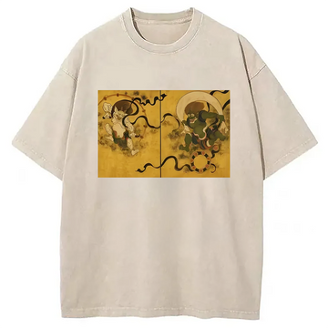 Personality fashion Fujin Raijin Japanese Ukiyo-e Washed T-Shirt