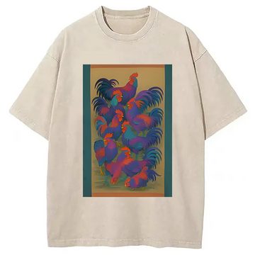 Personality fashion Ukiyo-e Rooster Japanese Art Washed T-Shirt