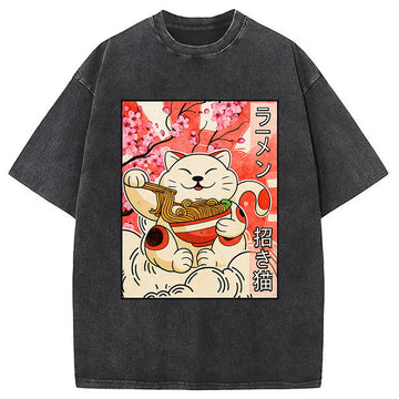 Personality fashion Japanese Maneki Neko Cat Ramen Washed T-Shirt