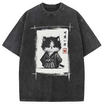 Personality fashion Kitten Samurai Washed T-Shirt