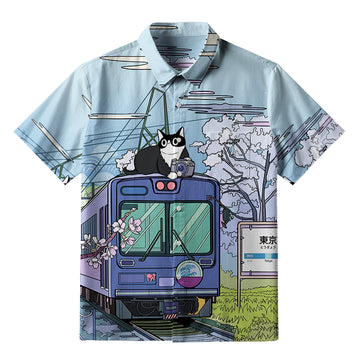 Personality fashion  Black Cat On The Train Button-up Shirt
