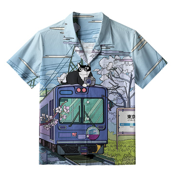 Personality fashion  Black Cat On The Train Aloha Hawaiian Shirt