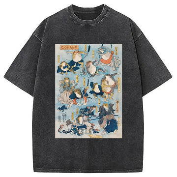 Personality fashion Japanese Ukiyo-e Samurai Ninja Frogs Washed T-Shirt