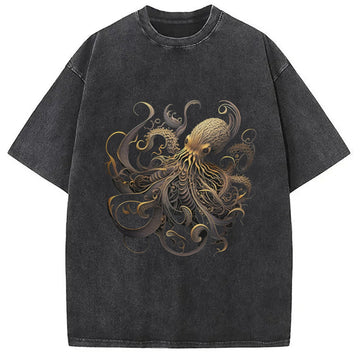 Personality fashion Golden Octopus Vintage Japanese Washed T-Shirt