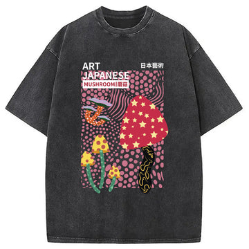 Personality fashion Japanese Art Mushroom Vintage Washed T-Shirt