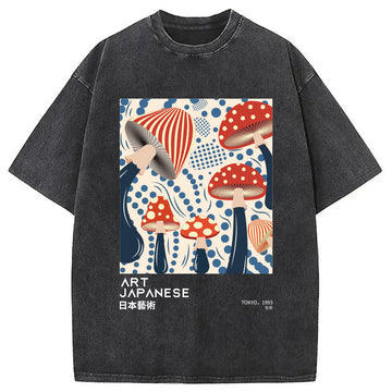 Personality fashion Japanese Art Dancing Mushroom Washed T-Shirt