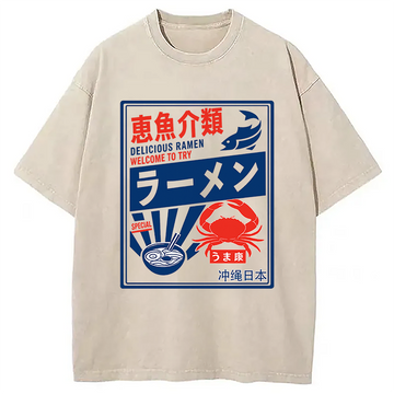 Personality fashion Ramen Japanese Hiragana Washed T-Shirt