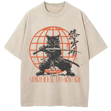 Personality fashion Samurai Cat Spiritual Warfare Washed T-Shirt