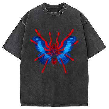 Personality fashion Japanese Art Blue Hallucinogenic Butterfly Washed T-Shirt