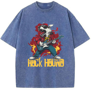 Personality fashion Rock Dog Playing Guitar Washed T-Shirt