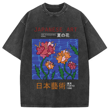Personality fashion Japanese Art Summer Flower Washed T-Shirt
