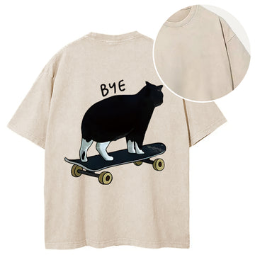 Personality fashion Cat On Skateboard Back Washed T-Shirt
