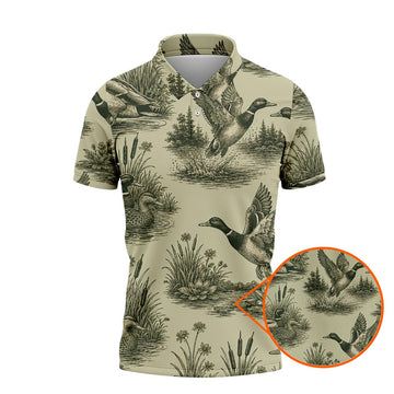 Mallard Duck Hunting Polo Shirt Vintage Sketch Pattern Gift For Men