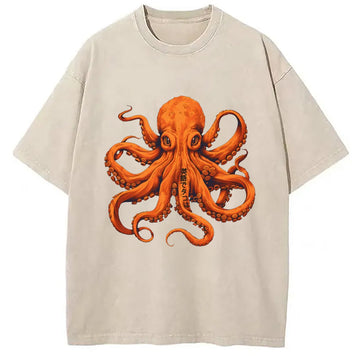 Personality fashion Orange Octopus Washed T-Shirt