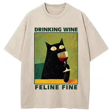 Personality fashion Drinking Wine Feline Wine Washed T-Shirt