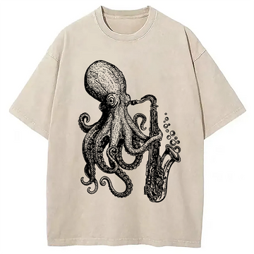 Personality fashion Octopus Playing Saxophone Washed T-Shirt