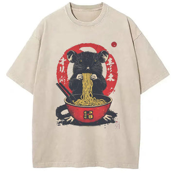 Personality fashion Retro Rat Ramen Washed T-Shirt