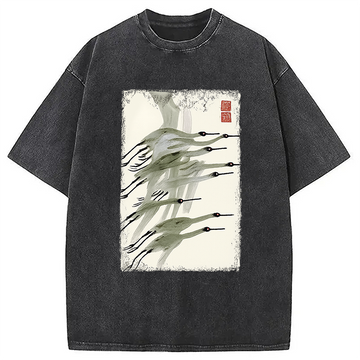Personality fashion Flock of Cranes in Flight Washed T-Shirt