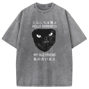 Personality fashion Hello Darkness My Old Friend Cat Washed T-Shirt