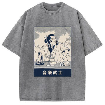 Personality fashion Musical Samurai Japanese Washed T-Shirt