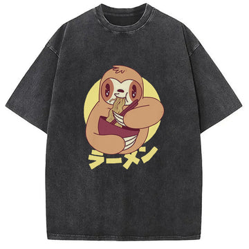 Personality fashion Kawaii Ramen Sloth Washed T-Shirt