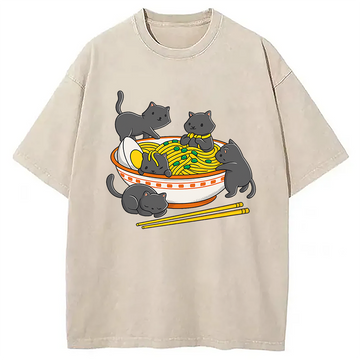 Personality fashion Kawaii Anime Cat Japanese Ramen Washed T-Shirt
