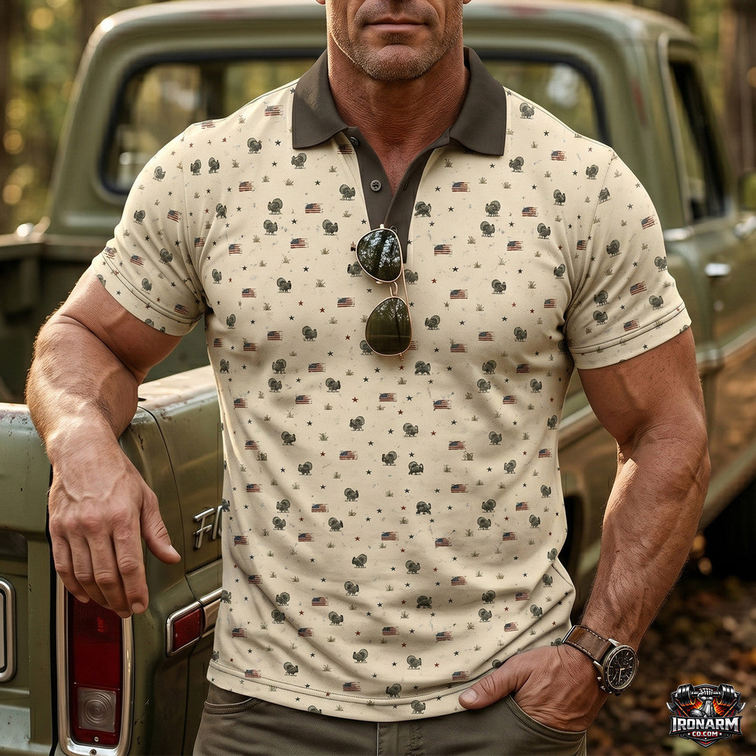 Vintage Americana Turkey Hunting Print Polo Shirt TP1015