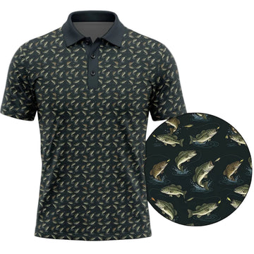 Jumping Bass Fishing Pattern Polo Shirt BFP1006
