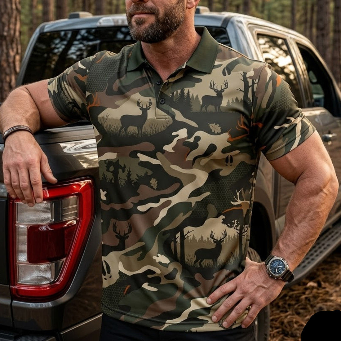 Deer Hunting Whitetail Deer Hunting Camo Print Polo Shirt DP1004