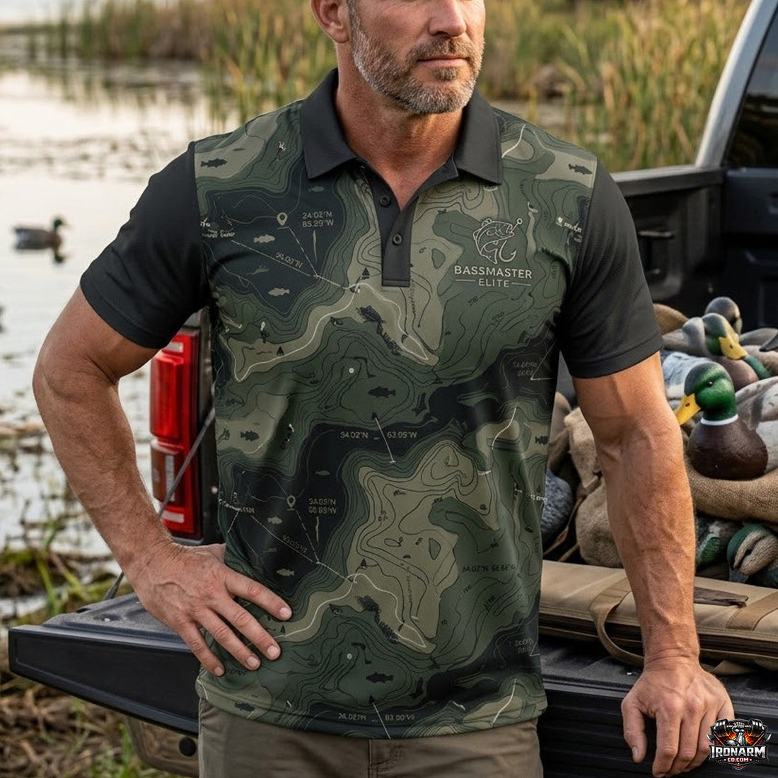 Topographic Bass Fishing Pattern Polo Shirt BFP1009