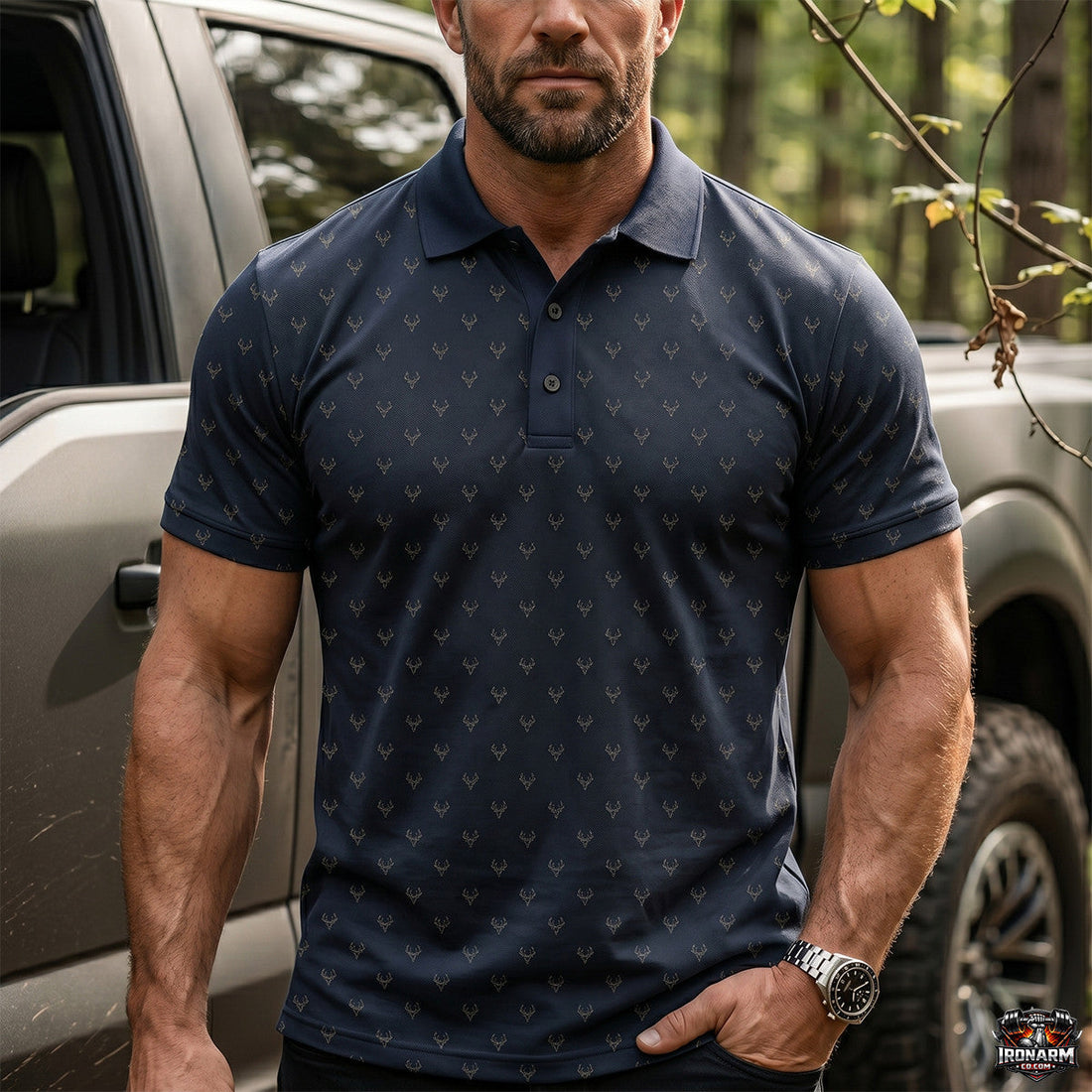 Navy Deer Skull Micro Pattern Polo Shirt DP1011