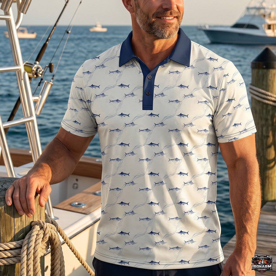 Saltwater Fishing White Blue Marlin Fishing Pattern Polo Shirt SFP1002